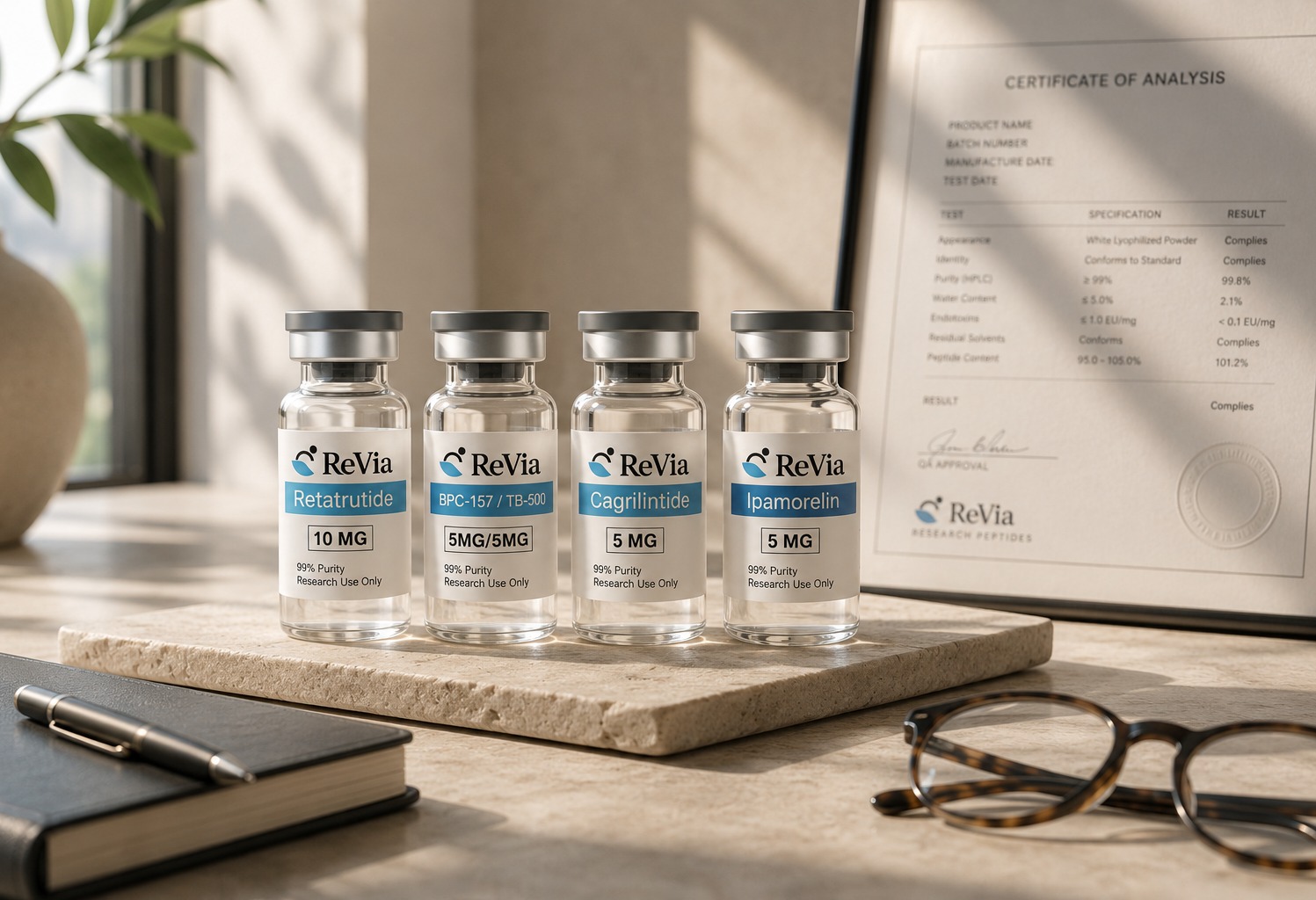 ReVia research peptide vials and a Certificate of Analysis arranged on a desk, with a notebook and reading glasses, in natural morning light